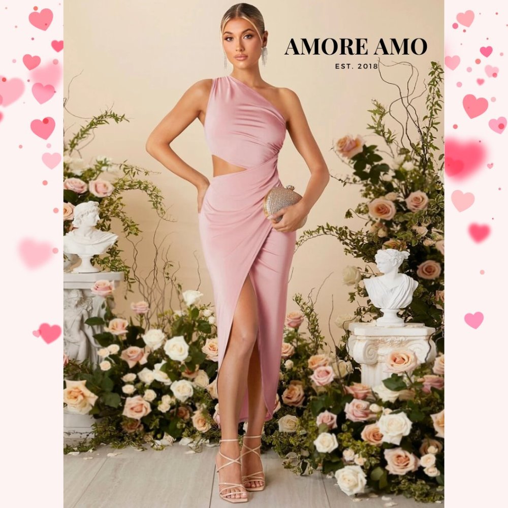 ❤️ Pearl ❤️ Dress - Pink Slit Leg Cut Out Shoulder Strap Goddess Wrap Spanx